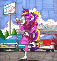 Size: 1535x1623 | Tagged: safe, artist:newyorkx3, character:princess cadance, species:anthro, species:plantigrade anthro, apron, cadillac, cafe, car, chrysler, clothing, cute, diner, food, ponytail, restaurant, roller skates, traditional art, uniform, waitress