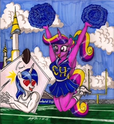 Size: 1698x1854 | Tagged: safe, artist:newyorkx3, character:princess cadance, character:shining armor, species:anthro, species:plantigrade anthro, american football, armpits, canterlot, cheerleader, distracted by the sexy, traditional art