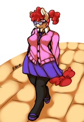 Size: 1280x1849 | Tagged: dead source, safe, artist:avante92, character:twist, species:anthro, species:unguligrade anthro, clothing, female, glasses, mary janes, necktie, ponytail, shoes, skirt, solo, stockings