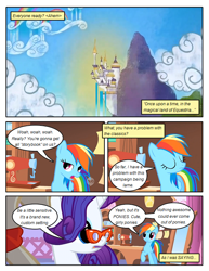 Size: 612x792 | Tagged: safe, artist:newbiespud, edit, edited screencap, screencap, character:rainbow dash, character:rarity, species:pegasus, species:pony, species:unicorn, comic:friendship is dragons, episode:suited for success, g4, my little pony: friendship is magic, canterlot, carousel boutique, comic, eyes closed, female, glasses, hooves, horn, mare, open mouth, ponyville, raised hoof, screencap comic, spread wings, wings