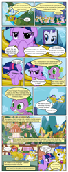 Size: 612x1550 | Tagged: safe, artist:newbiespud, edit, edited screencap, screencap, character:rarity, character:spike, character:twilight sparkle, character:twilight sparkle (unicorn), species:dragon, species:pony, species:unicorn, comic:friendship is dragons, episode:friendship is magic, g4, my little pony: friendship is magic, season 1, armor, claws, comic, fangs, female, floppy ears, grin, hooves, horn, male, mare, ponyville, royal guard, royal guard armor, screencap comic, smiling, stallion