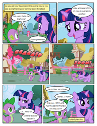 Size: 612x792 | Tagged: safe, artist:newbiespud, edit, edited screencap, screencap, character:pinkie pie, character:spike, character:twilight sparkle, character:twilight sparkle (unicorn), species:dragon, species:earth pony, species:pony, species:unicorn, comic:friendship is dragons, episode:friendship is magic, g4, my little pony: friendship is magic, season 1, claws, comic, eyes closed, fangs, female, floppy ears, hooves, horn, male, mare, open mouth, ponyville, screencap comic