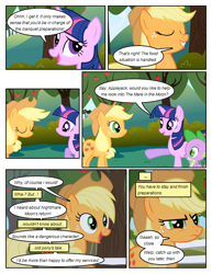 Size: 612x792 | Tagged: safe, artist:newbiespud, edit, edited screencap, screencap, character:applejack, character:spike, character:twilight sparkle, character:twilight sparkle (unicorn), species:dragon, species:earth pony, species:pony, species:unicorn, comic:friendship is dragons, episode:friendship is magic, g4, my little pony: friendship is magic, season 1, apple tree, claws, clothing, comic, cowboy hat, dialogue, eyes closed, fangs, female, grin, hat, hooves, horn, male, mare, open mouth, screencap comic, smiling, speech bubble, sweet apple acres, tree