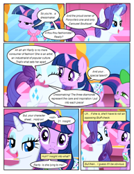 Size: 612x792 | Tagged: safe, artist:newbiespud, edit, edited screencap, screencap, character:rarity, character:spike, character:twilight sparkle, character:twilight sparkle (unicorn), species:dragon, species:pony, species:unicorn, comic:friendship is dragons, episode:friendship is magic, g4, my little pony: friendship is magic, season 1, carousel boutique, clothing, comic, dress, eyes closed, female, gem saddle twilight, glowing horn, horn, magic, male, mare, mirror, open mouth, reflection, rpg, screencap comic