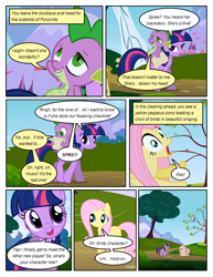Size: 612x792 | Tagged: safe, artist:newbiespud, edit, edited screencap, screencap, character:fluttershy, character:spike, character:twilight sparkle, character:twilight sparkle (unicorn), species:dragon, species:pegasus, species:pony, species:unicorn, comic:friendship is dragons, episode:friendship is magic, g4, my little pony: friendship is magic, claws, comic, fangs, female, hooves, horn, male, mare, open mouth, screencap comic, tree, wings