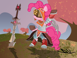 Size: 4000x3000 | Tagged: safe, artist:sintakhra, character:pinkie pie, species:pony, armor, bipedal, crossover, female, league of legends, mask, master yi, smiling, solo, sword, weapon