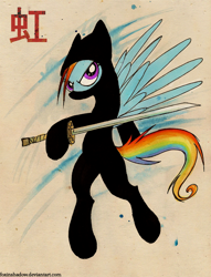 Size: 686x900 | Tagged: safe, artist:foxinshadow, character:rainbow dash, species:pegasus, species:pony, abstract background, clothing, costume, female, mare, ninja, simple background, solo, sword, weapon