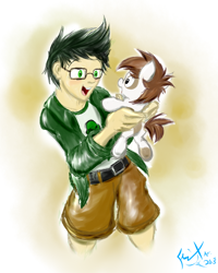 Size: 704x880 | Tagged: safe, artist:frist44, character:pipsqueak, species:human, species:pony, clothing, crossover, glasses, holding a pony, homestuck, jake english, shirt, shorts