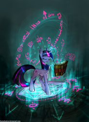 Size: 950x1300 | Tagged: safe, artist:foxinshadow, character:twilight sparkle, species:pony, species:unicorn, book, eyes closed, female, magic, magic circle, runes, smiling, solo