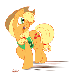 Size: 1659x1724 | Tagged: safe, artist:arnachy, character:applejack, species:earth pony, species:pony, episode:winter wrap up, g4, my little pony: friendship is magic, clothing, cowboy hat, female, hat, looking back, mare, plant team, simple background, solo, vest, white background, wink, winter wrap up vest