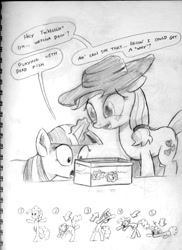 Size: 747x1024 | Tagged: safe, artist:docwario, character:applejack, character:pinkie pie, character:twilight sparkle, monochrome, traditional art