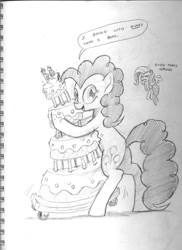 Size: 747x1024 | Tagged: safe, artist:docwario, character:fluttershy, character:pinkie pie, species:earth pony, species:pegasus, species:pony, cake, dancing, dialogue, duo, female, food, hug, looking at you, mare, monochrome, pencil drawing, solo focus, speech bubble, traditional art