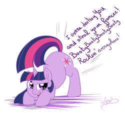 Size: 1874x1692 | Tagged: safe, artist:arnachy, character:twilight sparkle, friendship is witchcraft, booty booty booty booty rockin' everywhere, bubba sparxxx, butt shake, foaly matripony, ms. new booty, plot, signature, song reference, twibutt