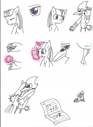 Size: 1584x2176 | Tagged: safe, artist:cmara, character:twilight sparkle, character:twilight sparkle (alicorn), species:alicorn, species:pony, ship:mordetwi, comic, crossover, crossover shipping, female, love, mare, mordecai, regular show, shipping, traditional art