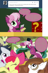 Size: 874x1319 | Tagged: safe, artist:frist44, character:apple bloom, character:cheerilee, character:pipsqueak, character:rumble, box, chalk, chalkboard, cheeribetes, cheerilee-s-chalkboard, comic, cute, dialogue, fluffy, pirate, ponyville schoolhouse, question mark, ruler, rumblebetes, school, speech bubble, squeakabetes, tumblr