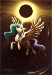 Size: 1205x1728 | Tagged: safe, artist:hioshiru, character:princess celestia, eclipse, female, flying, glowing eyes, magic, solo, spread wings, stars, wings