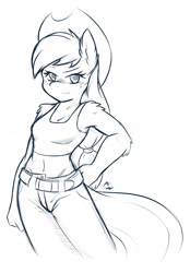 Size: 1280x1837 | Tagged: safe, artist:ambris, character:applejack, species:anthro, belly button, belt, clothing, female, grayscale, midriff, monochrome, pants, simple background, solo, tank top