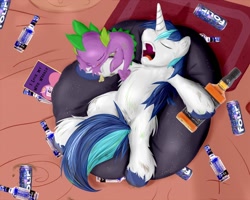 Size: 960x768 | Tagged: safe, artist:frist44, edit, character:princess cadance, character:shining armor, character:spike, alcohol, beer, booze, bottle, bromance, can, energy drink, four loko, jack daniels, lazy, magazine, messy, sleeping, zima