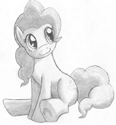 Size: 613x658 | Tagged: safe, artist:dj-black-n-white, character:pinkie pie, female, grayscale, monochrome, simple background, sitting, smiling, solo, traditional art