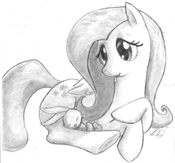 Size: 1500x1391 | Tagged: safe, artist:dj-black-n-white, character:angel bunny, character:fluttershy, eyes closed, leaning, monochrome, prone, simple background, sleeping, smiling, traditional art, white background