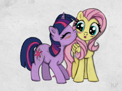 Size: 800x600 | Tagged: safe, artist:kp-shadowsquirrel, character:fluttershy, character:twilight sparkle, ship:twishy, blushing, colored, cute, female, kiss on the cheek, kissing, lesbian, shipping