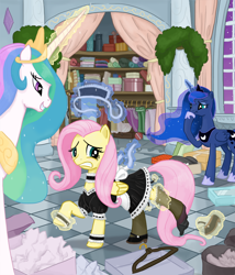 Size: 1000x1170 | Tagged: safe, artist:king-kakapo, character:fluttershy, character:princess celestia, character:princess luna, species:alicorn, species:pegasus, species:pony, choker, clothes hanger, clothing, costume, dress, dressing, dressup, female, fluttermaid, frown, garters, grin, gritted teeth, magic, magic abuse, maid, mare, mary janes, non-consensual dressing, raised hoof, shoes, skirt, smiling, stockings