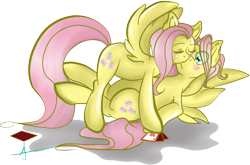 Size: 1107x730 | Tagged: safe, artist:arnachy, character:fluttershy, fanfic:on a cross and arrow, butterscotch, female, flutterscotch, kissing, male, rule 63, selfcest, shipping, straight