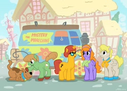 Size: 1400x1000 | Tagged: safe, artist:docwario, daphne blake, fred jones, hilarious in hindsight, mystery machine, ponified, scooby doo, shaggy rogers, velma dinkley