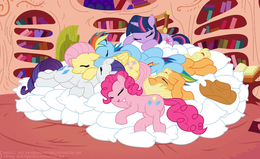 Size: 888x544 | Tagged: safe, artist:electronvolt, artist:kp-shadowsquirrel, character:applejack, character:fluttershy, character:pinkie pie, character:rainbow dash, character:rarity, character:twilight sparkle, animated, cuddle puddle, cuddling, cute, dashabetes, diapinkes, ear twitch, eyes closed, female, floppy ears, golden oaks library, jackabetes, library, mane six, on back, on side, pillow, pony pile, prone, raribetes, shyabetes, sleep pile, sleeping, smiling, snuggling, twiabetes, twitch