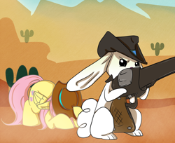 Size: 2000x1628 | Tagged: safe, artist:arnachy, character:angel bunny, character:fluttershy, clothing, cowboy hat, cowering, desert, gun, hat, pistol, revolver, western