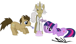 Size: 900x528 | Tagged: safe, artist:sintakhra, character:doctor whooves, character:time turner, character:twilight sparkle, back to the future, crossover, doc brown, ponified, sonic screwdriver, test tube