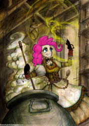 Size: 750x1062 | Tagged: safe, artist:foxinshadow, character:pinkie pie, species:human, friendship is witchcraft, brew, cauldron, clothing, dress, female, gypsy magic, humanized, romani, solo, steampunk