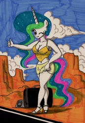 Size: 1249x1806 | Tagged: safe, artist:newyorkx3, character:princess celestia, species:anthro, species:plantigrade anthro, belly button, cleavage, clothing, female, high heels, hitchhiking, midriff, skirt, suitcase, traditional art, wink