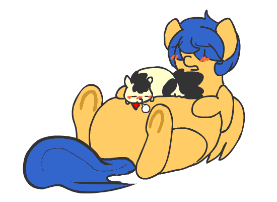 Size: 550x400 | Tagged: safe, artist:mt, oc, oc only, oc:lemonpuffs, animated, belly, belly bed, blushing, chubby, fat, impossibly large belly, oreo pony, original species, sleeping