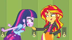 Size: 900x505 | Tagged: safe, artist:pixelkitties, edit, edited screencap, screencap, character:sunset shimmer, character:twilight sparkle, ship:sunsetsparkle, equestria girls:equestria girls, g4, my little pony: equestria girls, my little pony:equestria girls, female, it begins, kiss mark, lesbian, shipping