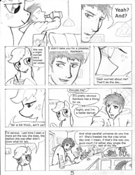 Size: 1158x1500 | Tagged: safe, artist:dj-black-n-white, character:applejack, character:berry punch, character:berryshine, character:lyra heartstrings, oc, oc:anon, species:human, species:pegasus, species:pony, comic:tsundere rainbow dash, comic, monochrome, romance, suggestive series, traditional art