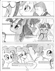 Size: 1158x1500 | Tagged: safe, artist:dj-black-n-white, character:pinkie pie, character:rainbow dash, character:twilight sparkle, oc, oc:anon, species:earth pony, species:human, species:pegasus, species:pony, species:unicorn, comic:tsundere rainbow dash, ;p, blep, blushing, comic, eyes closed, female, grayscale, human male, love, male, mare, monochrome, one eye closed, romance, suggestive series, tongue out, traditional art, twilight snapple, wink