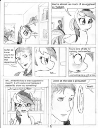 Size: 1158x1500 | Tagged: safe, artist:dj-black-n-white, character:applejack, character:fluttershy, character:pinkie pie, character:rainbow dash, character:rarity, character:twilight sparkle, oc, oc:anon, species:earth pony, species:human, species:pegasus, species:pony, species:unicorn, comic:tsundere rainbow dash, blushing, comic, dialogue, female, grayscale, human male, male, mare, monochrome, open mouth, romance, shrunken pupils, suggestive series, traditional art, tsunderainbow, tsundere