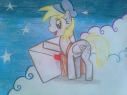 Size: 1024x768 | Tagged: safe, artist:xwhitedreamsx, character:derpy hooves, species:pegasus, species:pony, bag, clothing, cloud, female, hat, letter, mail, mailbag, mare, solo, stars, traditional art