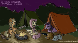 Size: 1000x554 | Tagged: safe, artist:king-kakapo, character:applejack, character:fluttershy, character:twilight sparkle, 30 minute art challenge, campfire, camping, cooking, food, marshmallow, tent