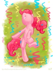 Size: 750x1000 | Tagged: safe, artist:kp-shadowsquirrel, character:pinkie pie, species:earth pony, species:pony, bipedal, confetti, dancing, female, grin, mare, party, raised leg, smiling, solo