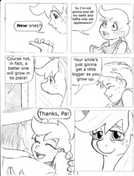 Size: 1139x1500 | Tagged: safe, artist:dj-black-n-white, character:applejack, oc, oc:anon, oc:cinnamon cider, parent:applejack, satyr, species:earth pony, species:human, species:pony, comic, crying, cute, dialogue, eyes closed, female, hug, human male, hybrid, male, mare, monochrome, neckerchief, offspring, open mouth, smiling, speech bubble, sweet apple acres, traditional art