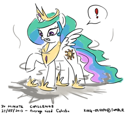 Size: 1280x1171 | Tagged: safe, artist:king-kakapo, character:princess celestia, 30 minute art challenge, exclamation point, female, loose fitting clothes, shrunk, shrunklestia, solo