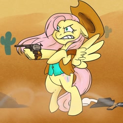 Size: 894x894 | Tagged: safe, artist:arnachy, character:fluttershy, species:pony, bipedal, clothing, cowboy hat, cowgirl, female, gun, hat, pistol, revolver, solo, vest, weapon, western
