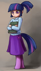 Size: 866x1504 | Tagged: safe, artist:dj-black-n-white, oc, oc only, oc:glimmer, parent:twilight sparkle, satyr, species:anthro, book, bookworm, color, cute, gray background, nerdy, offspring, ponytail, shadow, simple background, solo