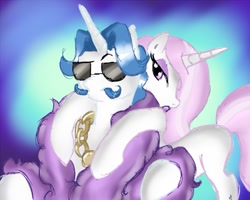 Size: 819x655 | Tagged: safe, artist:arnachy, character:fancypants, character:fleur-de-lis, species:pony, species:unicorn, ship:fancyfleur, g4, abstract background, female, male, mare, pimp, shipping, stallion, straight, sunglasses