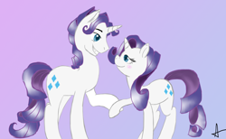 Size: 1344x827 | Tagged: safe, artist:arnachy, character:rarity, species:pony, species:unicorn, adobe imageready, blushing, elusive, eye contact, female, gradient background, looking at each other, male, mare, ponidox, rarilusive, rule 63, self ponidox, selfcest, shipping, stallion, straight