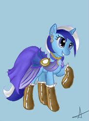 Size: 679x927 | Tagged: safe, artist:arnachy, character:minuette, species:pony, species:unicorn, clothing, dress, ear piercing, female, gala dress, mare, piercing, raised hoof, simple background, smiling, solo
