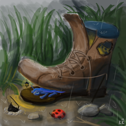Size: 1000x1000 | Tagged: safe, artist:king-kakapo, character:princess luna, campfire, characters inside shoes, female, floppy ears, frown, grass, ladybug, lantern, micro, prone, rain, shoes, solo, tiny, unamused