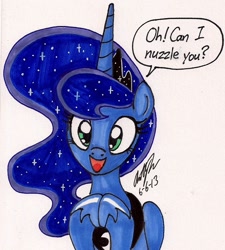 Size: 954x1058 | Tagged: safe, artist:newyorkx3, character:princess luna, species:alicorn, species:pony, :d, bronybait, clapping, cute, female, happy, looking at you, lunabetes, mare, nuzzling, open mouth, simple background, smiling, solo, traditional art, white background